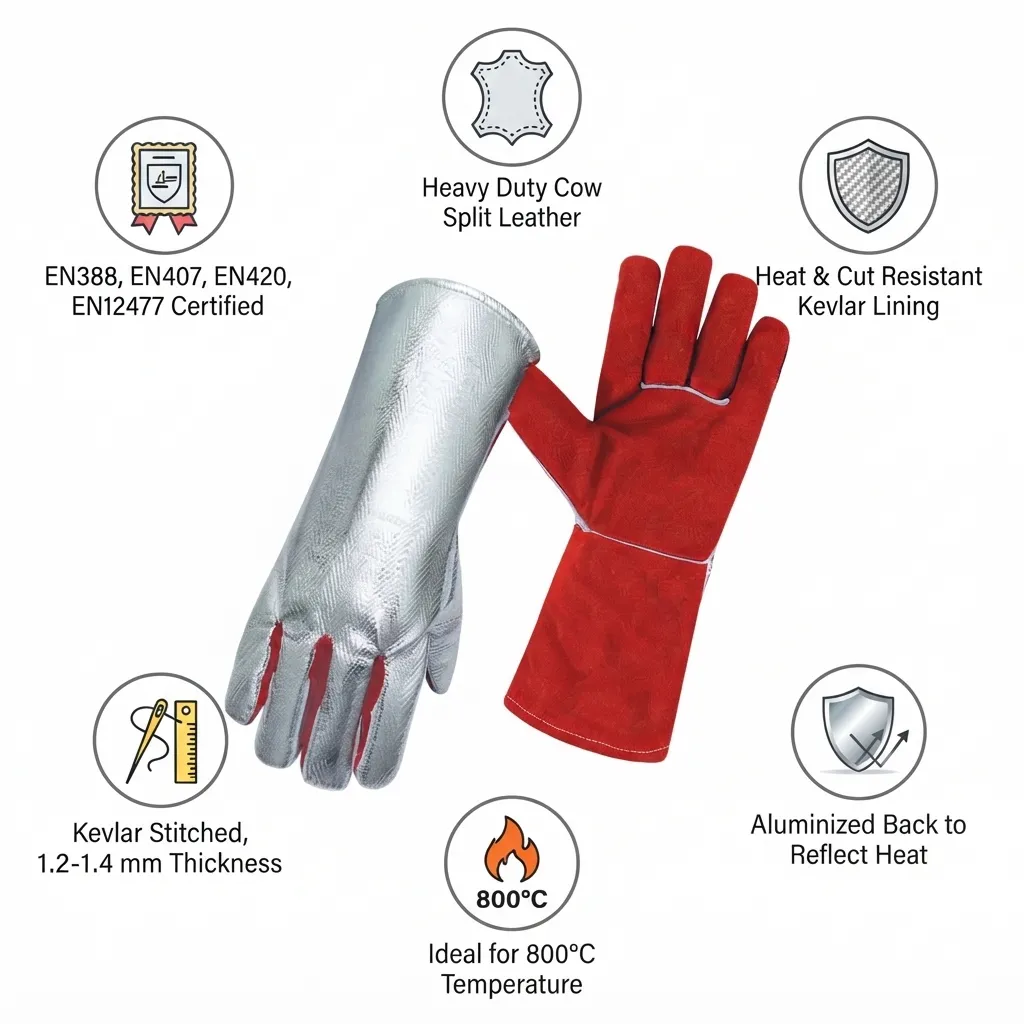 JNM3019 Aluminum Foil 800 Degrees Heat Resistant Industrial Leather Welding Gloves