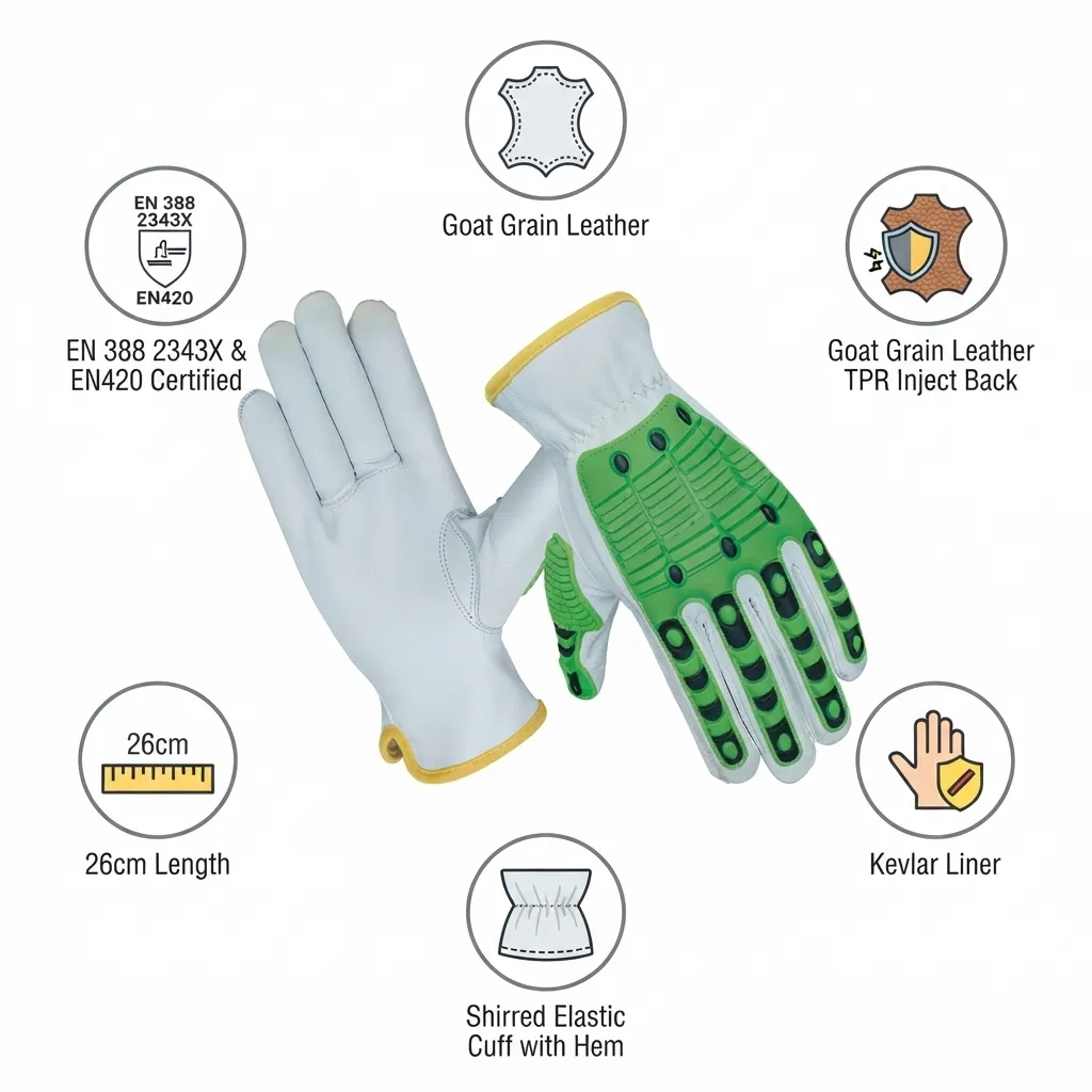 JNM1025 Slip & Impact Resistant Mechanical Hazard Safety Leather Work Gloves