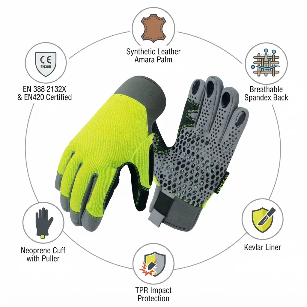 JNM1028 Slip & Impact Resistant Mechanical Hazard Safety Leather Work Gloves