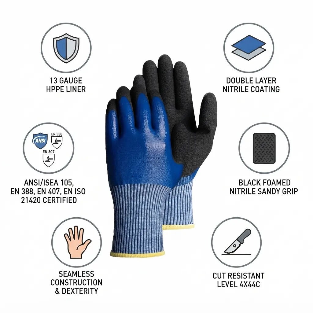 Safety Jogger PROTECTOR 4X44C Cut Resistant HPPE Glove With Double Nitrile Coating Safety Gloves