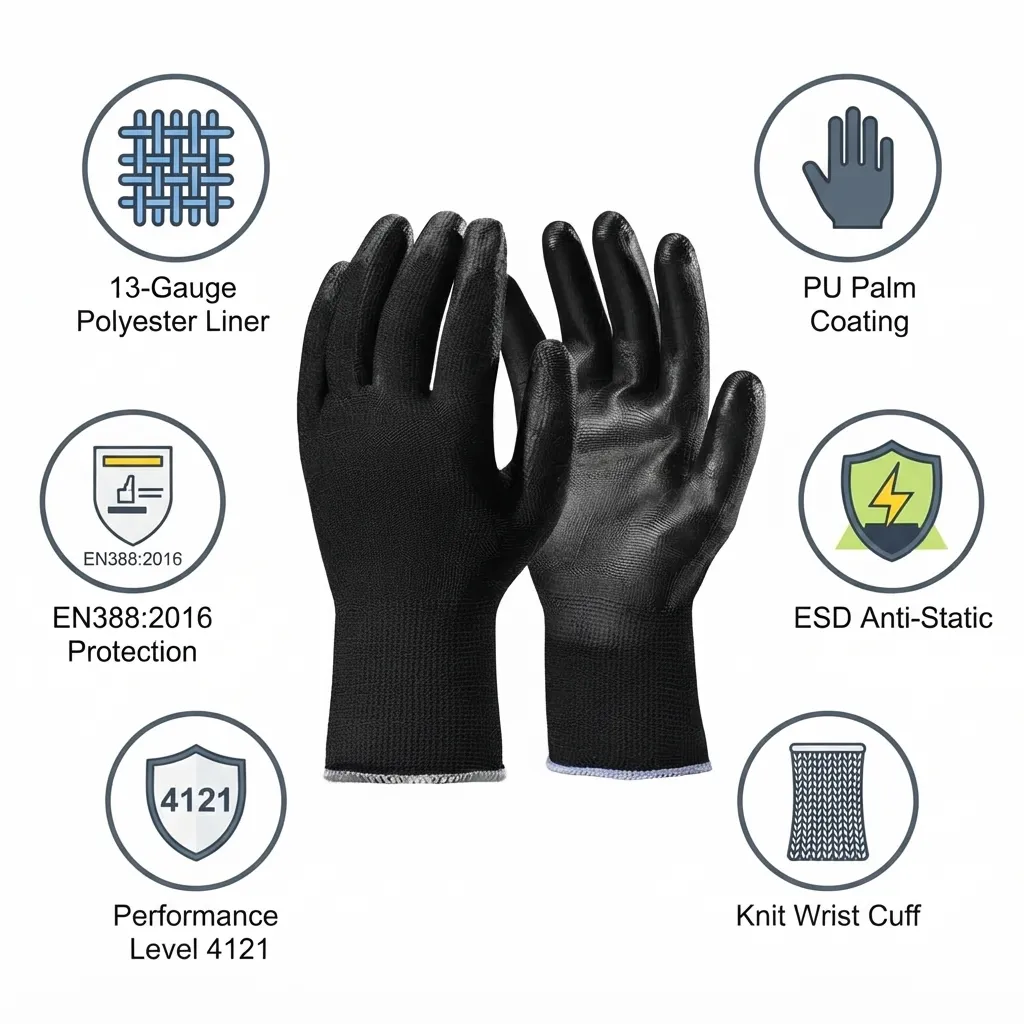 Safeyear ZHXPU225B ESD Anti Static PU Coated Polyester General Purpose Safety Gloves