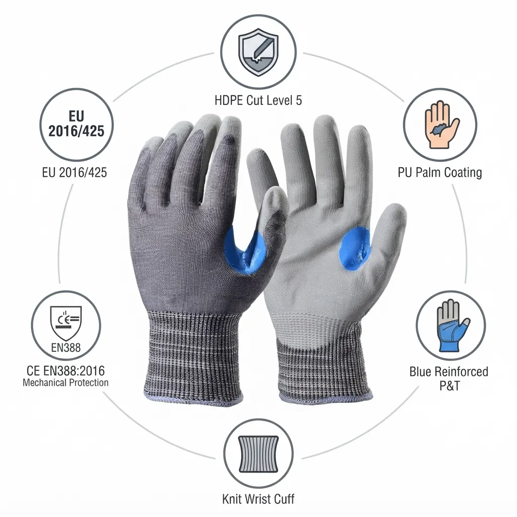 Safeyear PD8046 Cut Resistant Level 5 PU Coated Safety Work Gloves