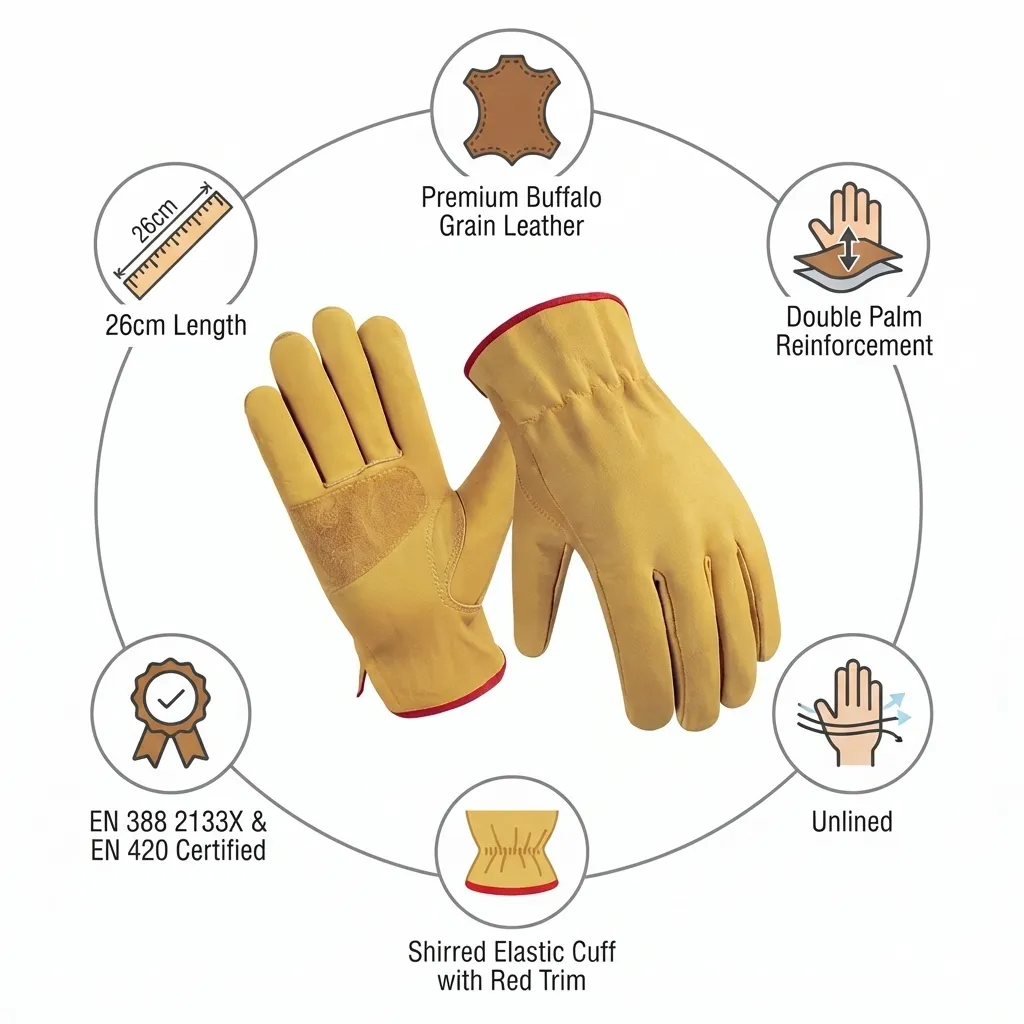 JNM2052 Heavy Duty Double Palm Driving Safety Leather Work Gloves