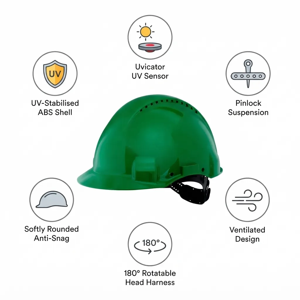 3M G3000CUV-GP Safety Green Helmet Uvicator, Pinlock And Ventilated