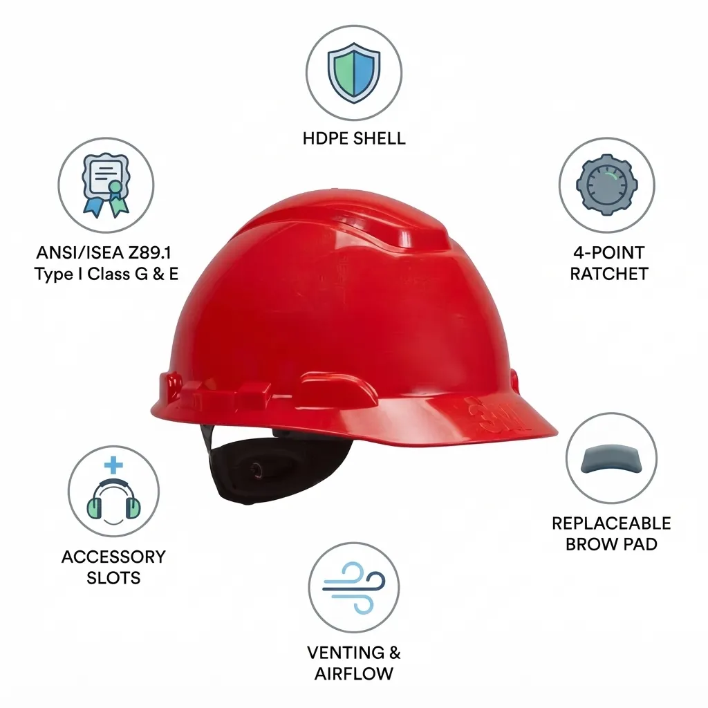 3M H-705R Hard Hat-UV, Red, 4-Point Ratchet Suspension with Uvicator