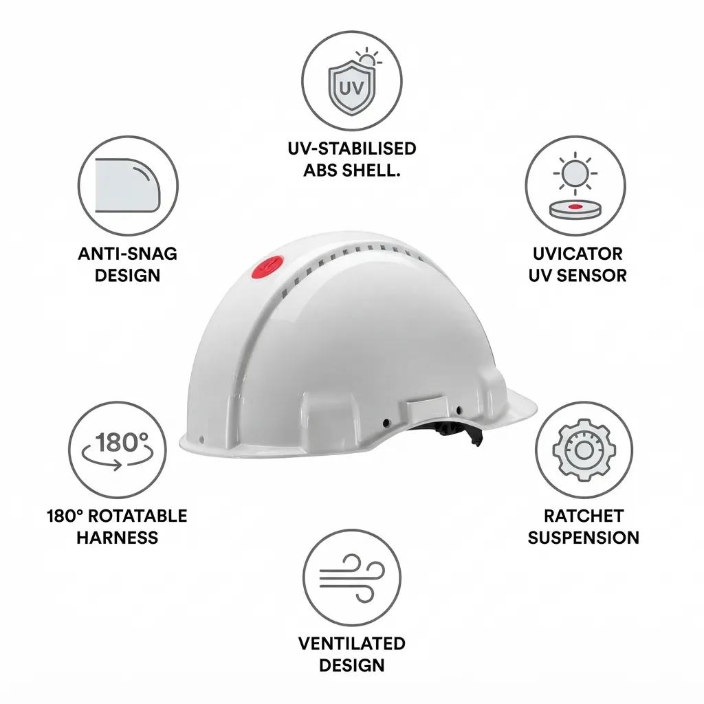 3M Peltor G3000NUV-VI Safety White Uvicator, Ratchet, Ventilated Helmet
