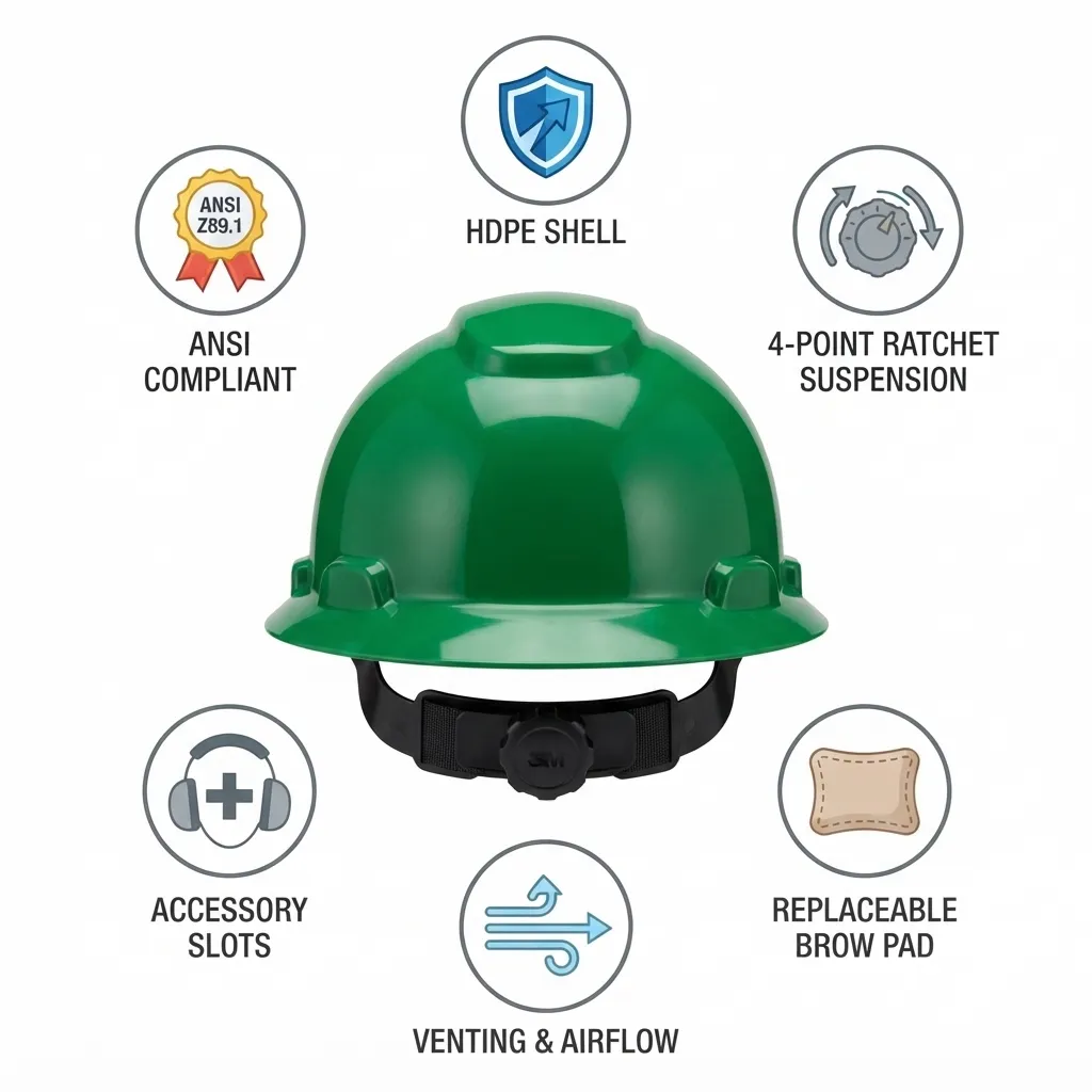 3M 078371-64200 H-704R Green Hard Hat 4-Point Ratchet Suspension