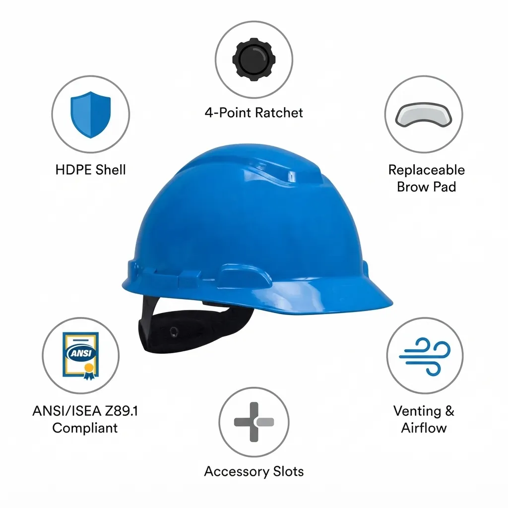 3M H-703R Blue Hard Hat Lightweight And Adjustable 4-Point Ratchet